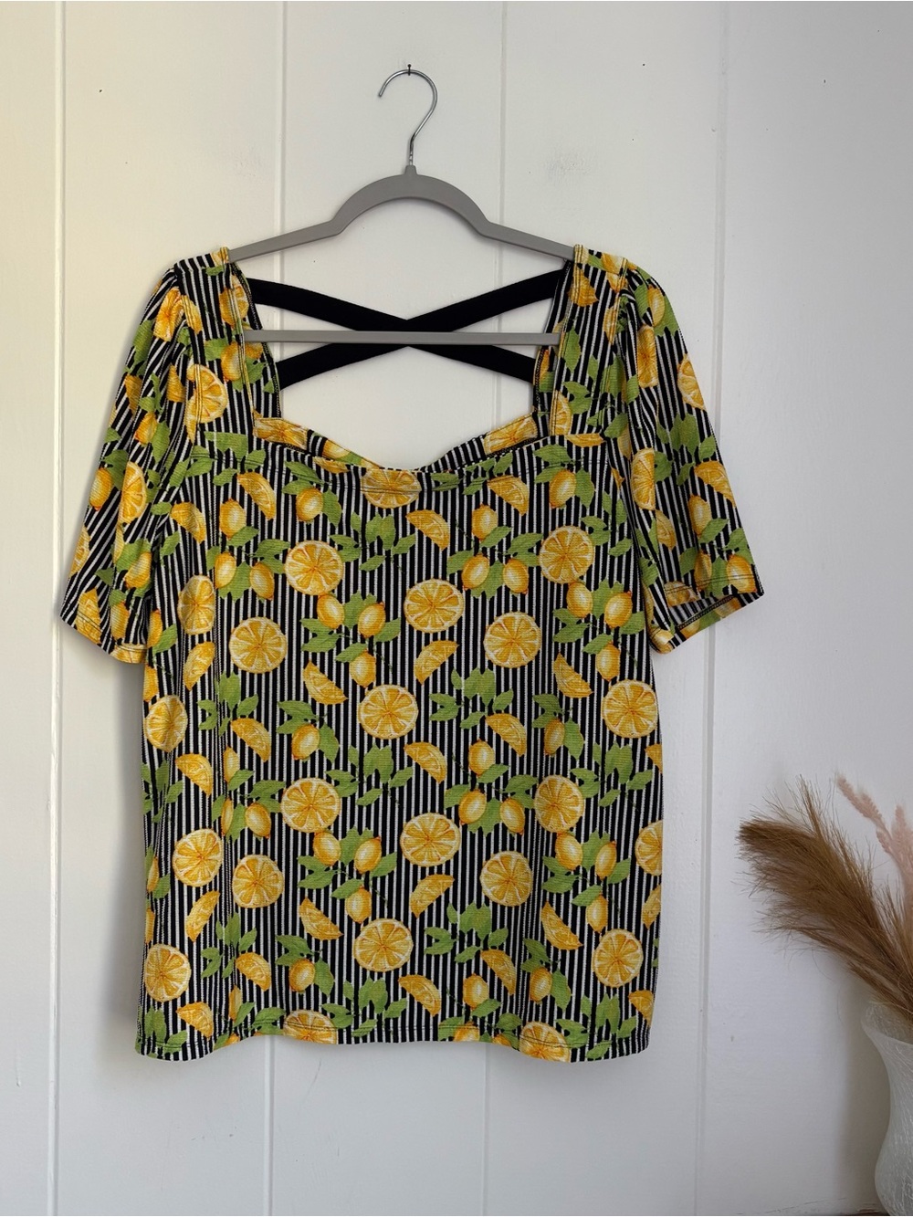 Cato Black Striped Short Sleeve Top with Yellow Lemon Print and Crisscross Back